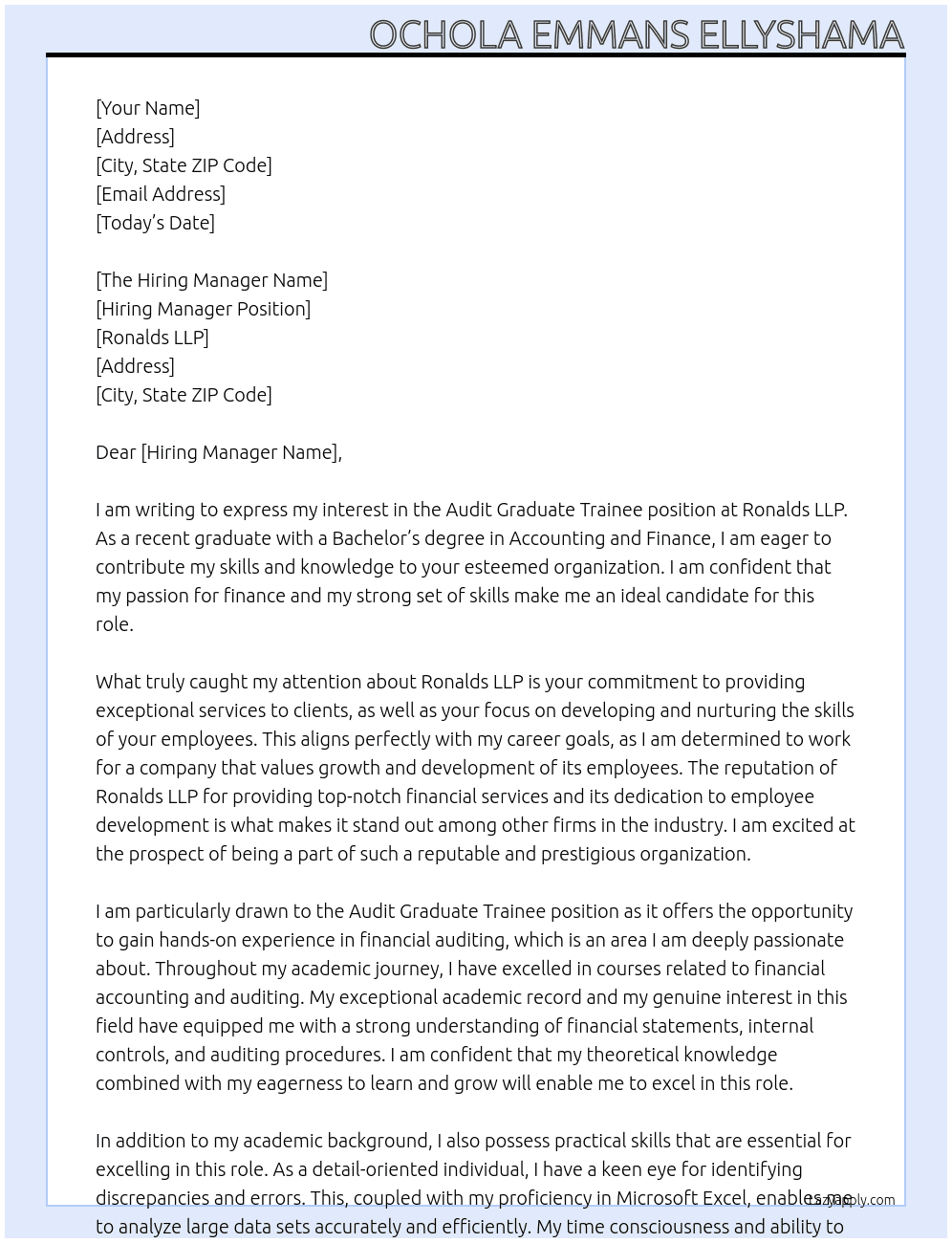 Audit graduate trainee  At Ronalds LLP Cover Letter