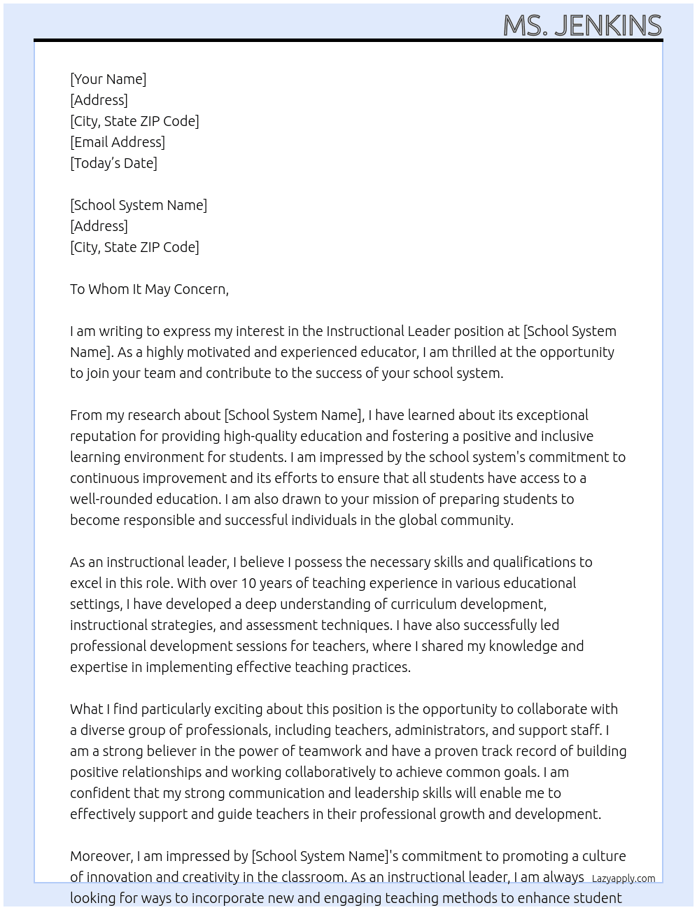 Instructional Leader At School System Cover Letter