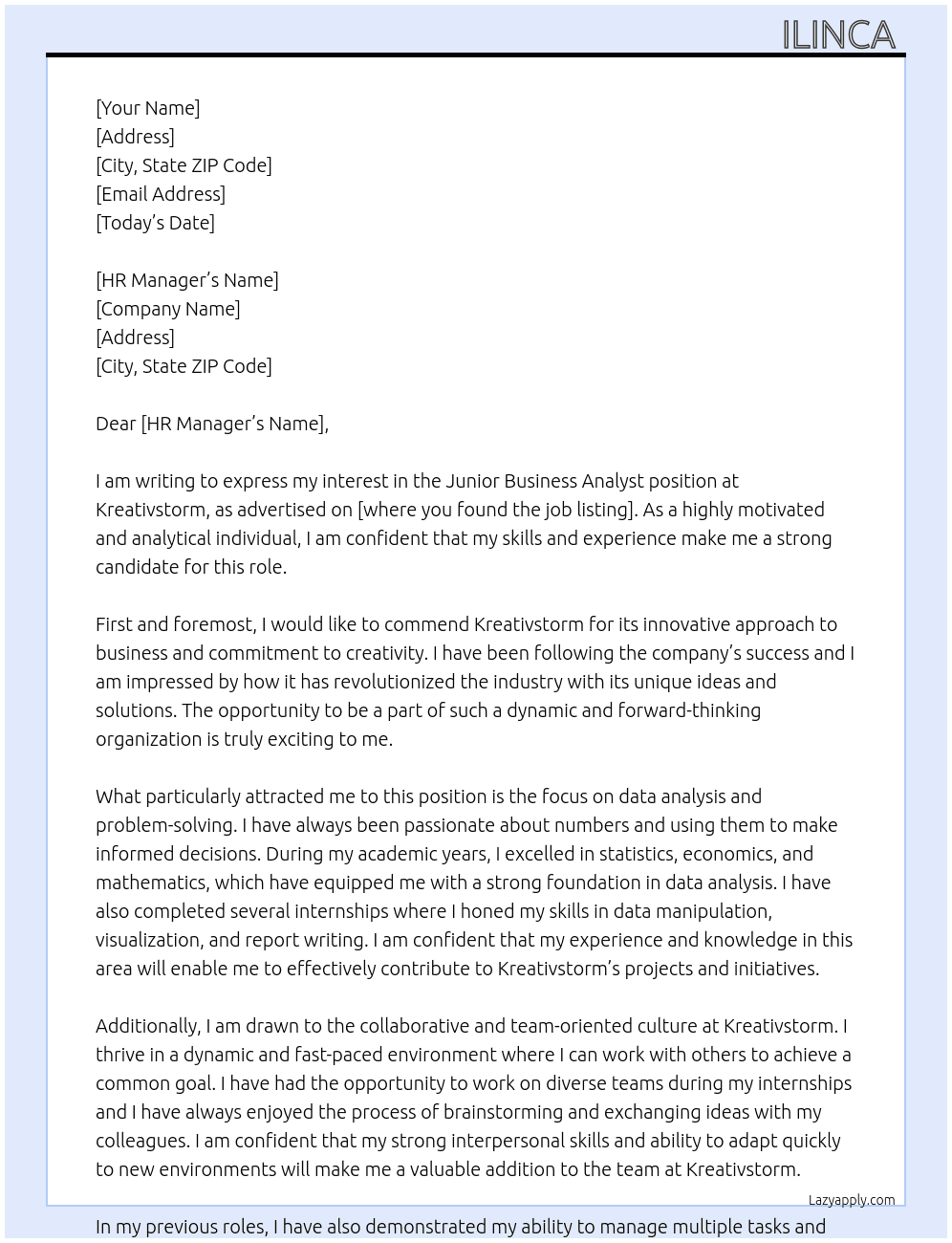 Junior Business Analyst  At Kreativstorm  Cover Letter
