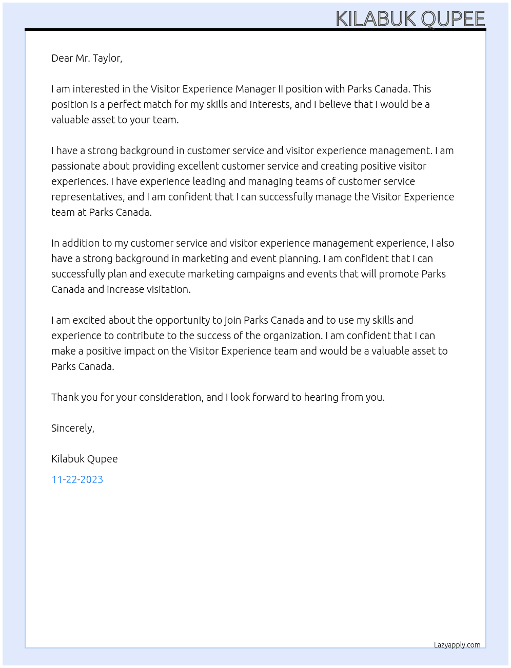 Visitor Experience Manager II At parks canada Cover Letter
