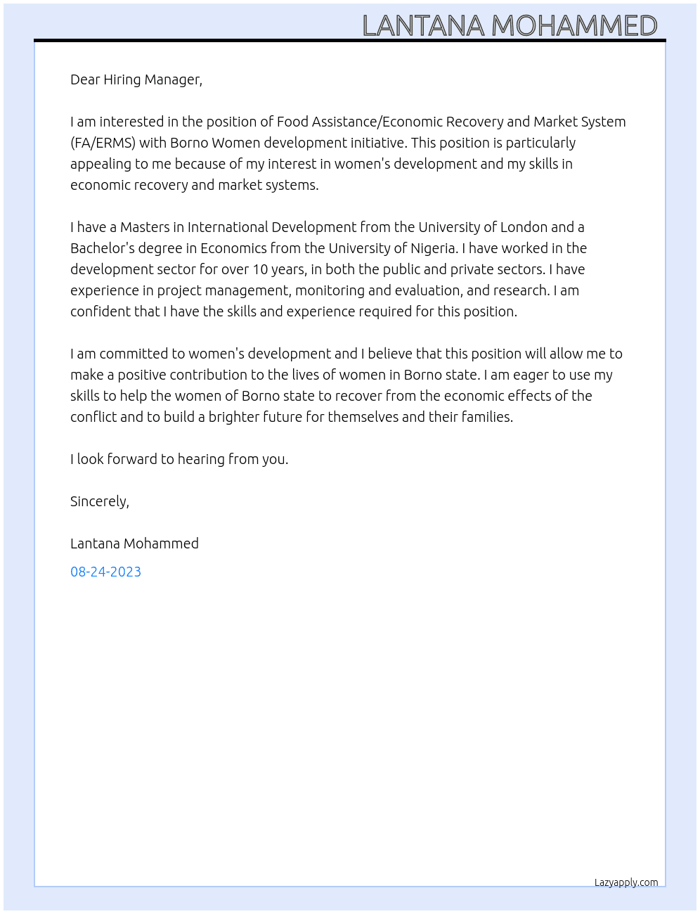 Food Assistance/Economic Recovery and Market System (FA/ERMS) At Borno Women development initiative  Cover Letter