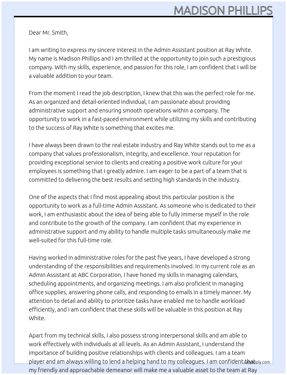 Admin assistant  At Ray white Cover Letter