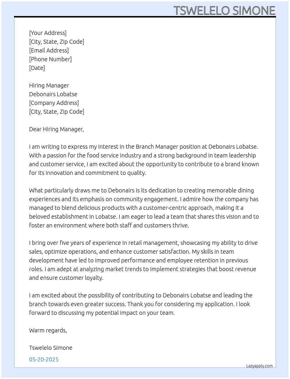 Branch Manager At Debonairs Lobatse  Cover Letter