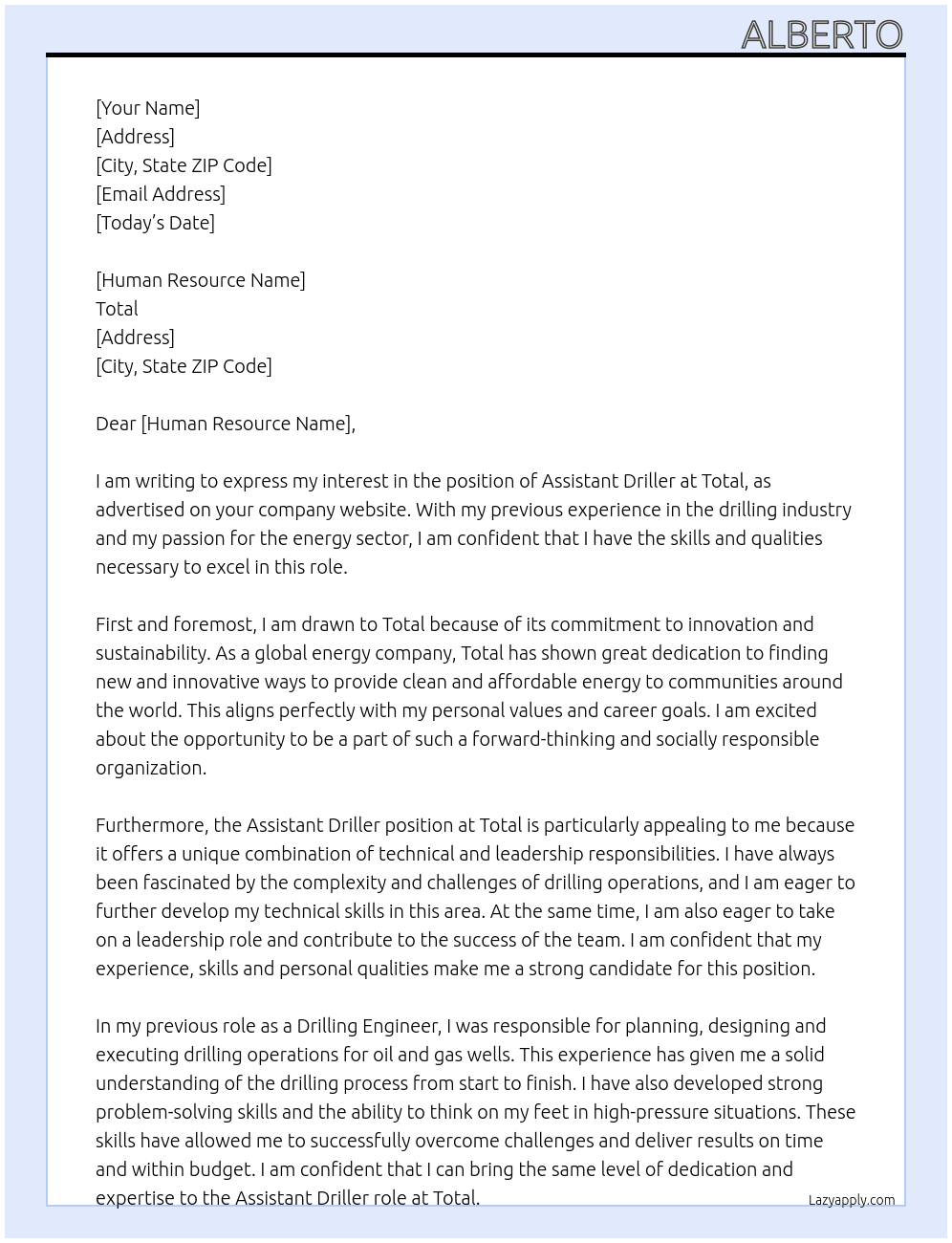 Assistant Driller At Total  Cover Letter