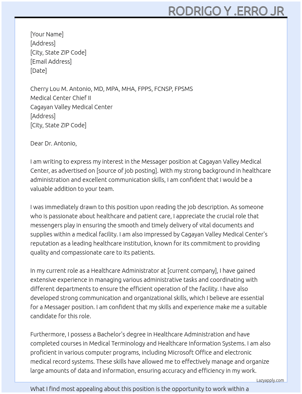 Messager  At Cagayan Valley Medical Center  Cover Letter