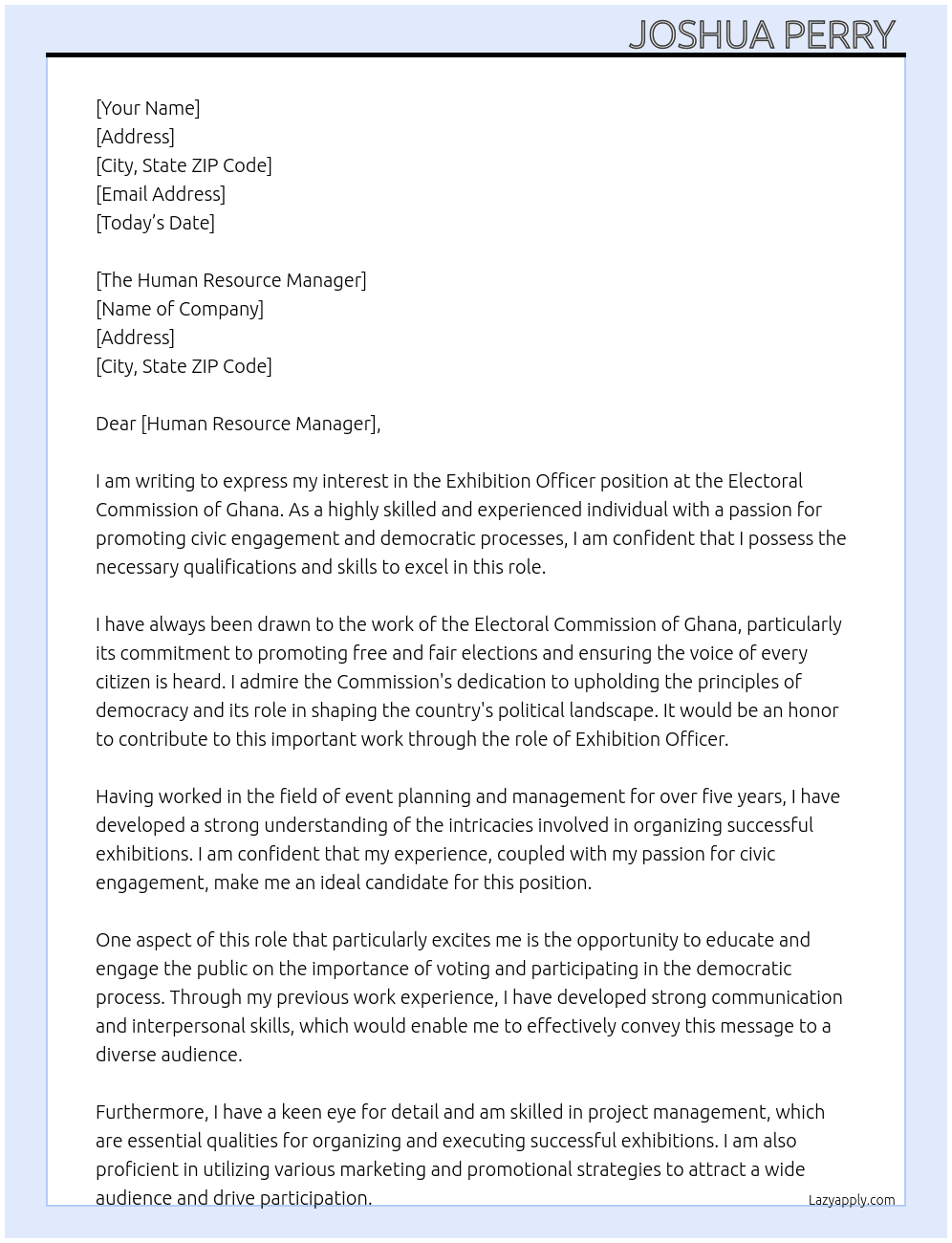 Exhibition officer At Electoral Commission of Ghana Cover Letter