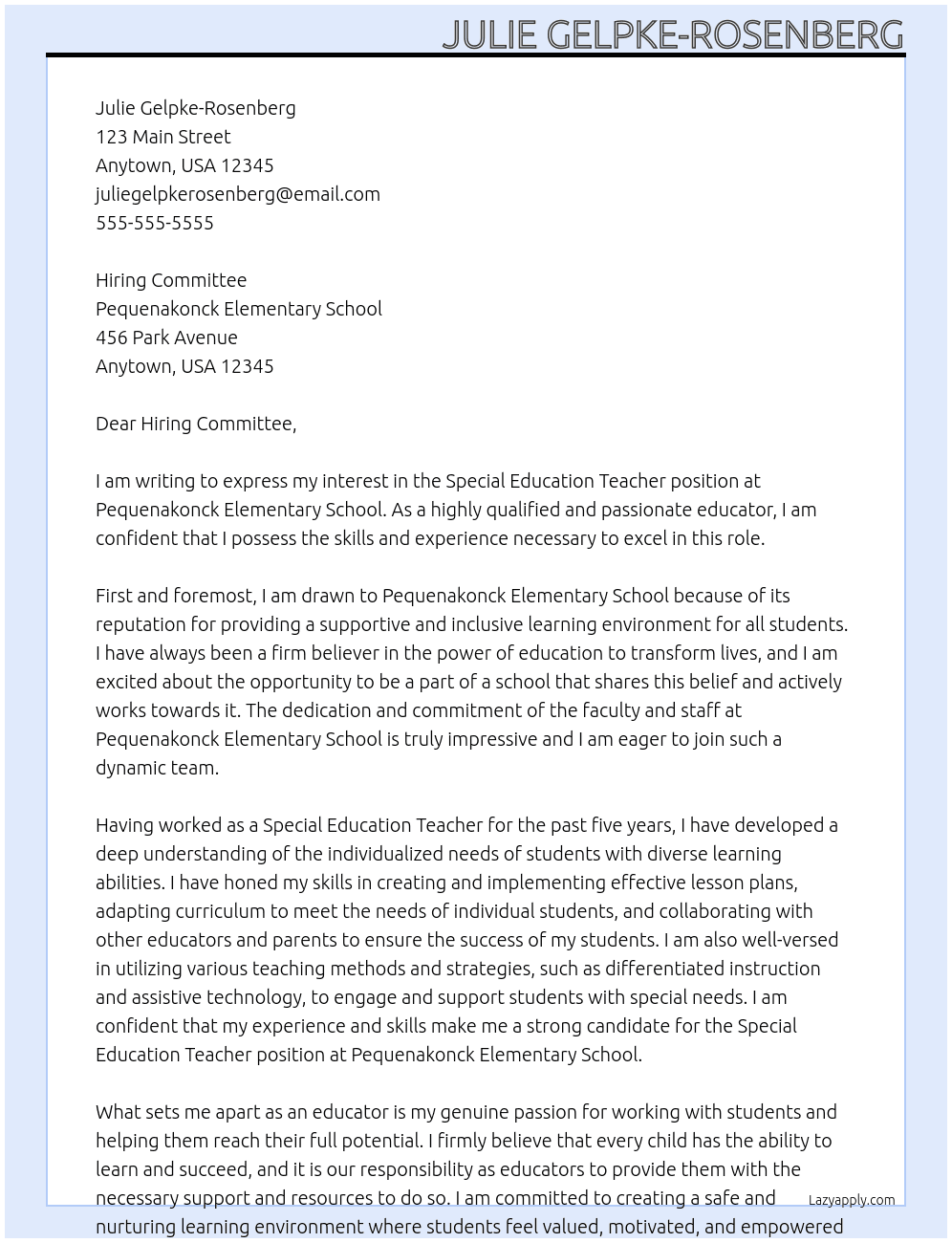Special Education Teacher Elementary School At Pequenakonck Elementary School Cover Letter