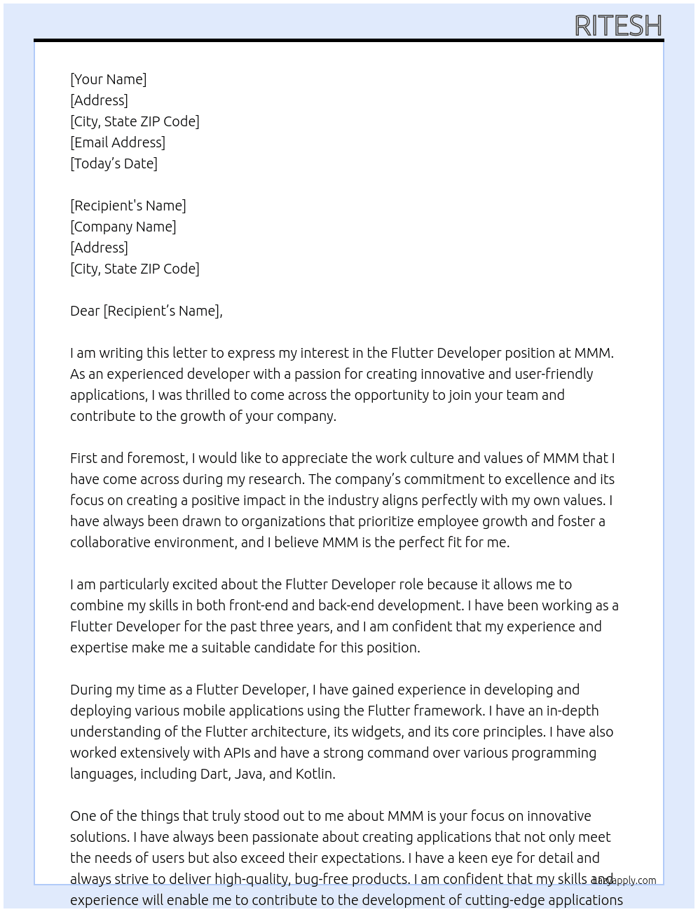 Flutter Developer At MMM Cover Letter