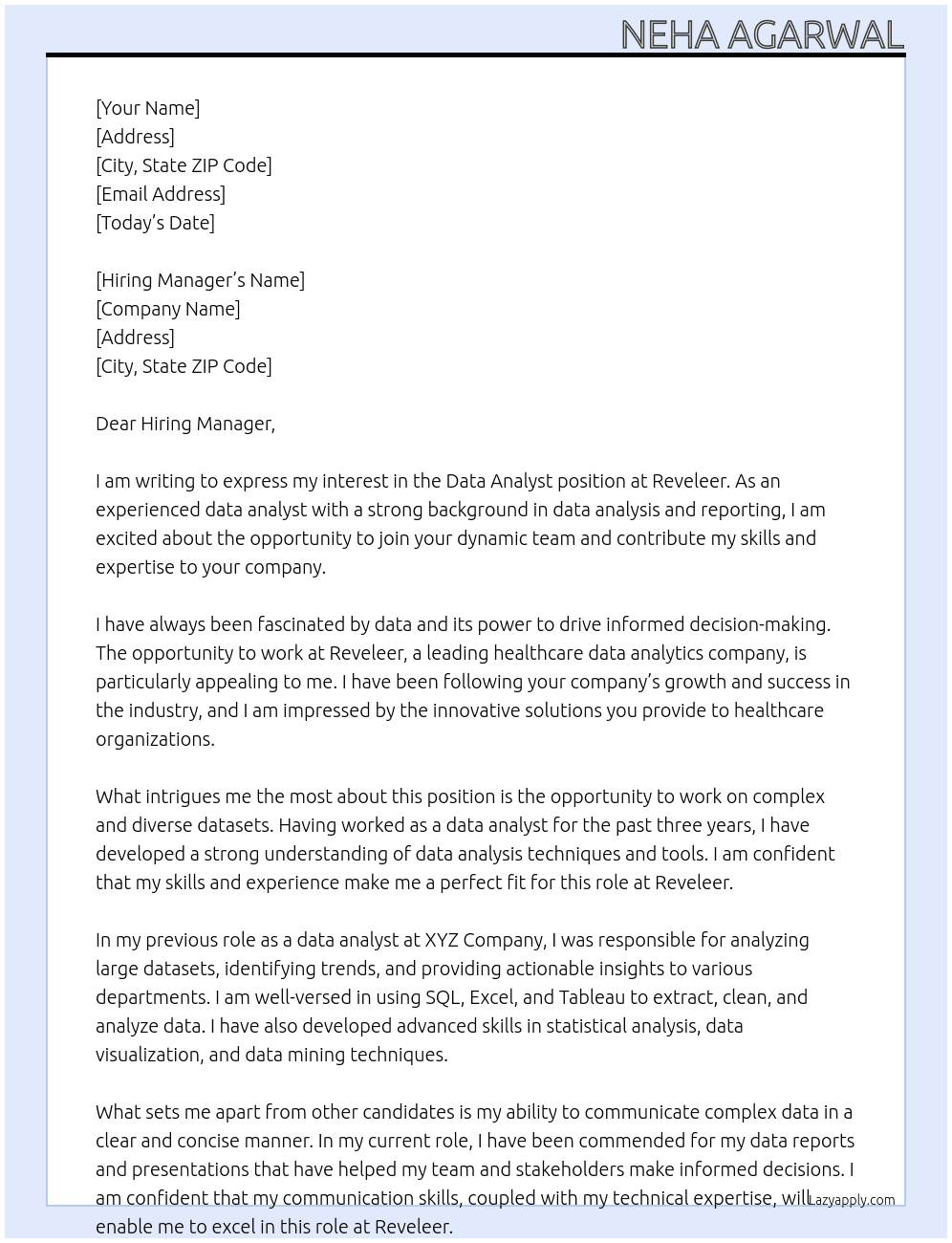 Data Analyst At Reveleer Cover Letter