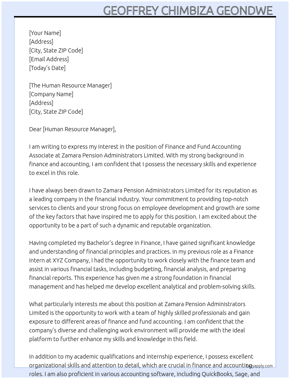 Finance and Fund Accounting Associate At Zamara Pension Administrators Limited Cover Letter