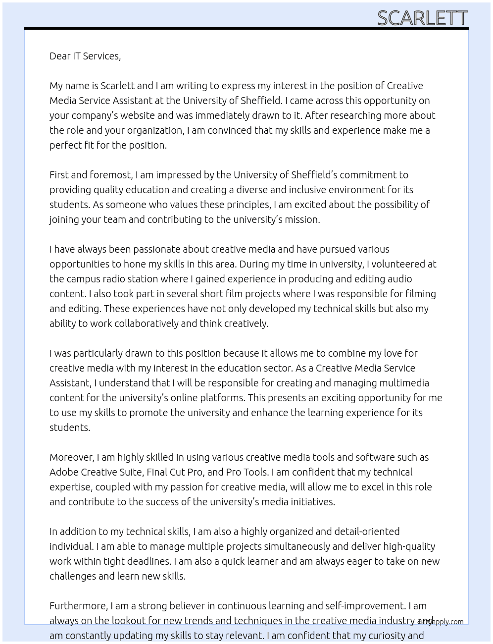 Creative Media Service Assistant At University of Sheffield Cover Letter
