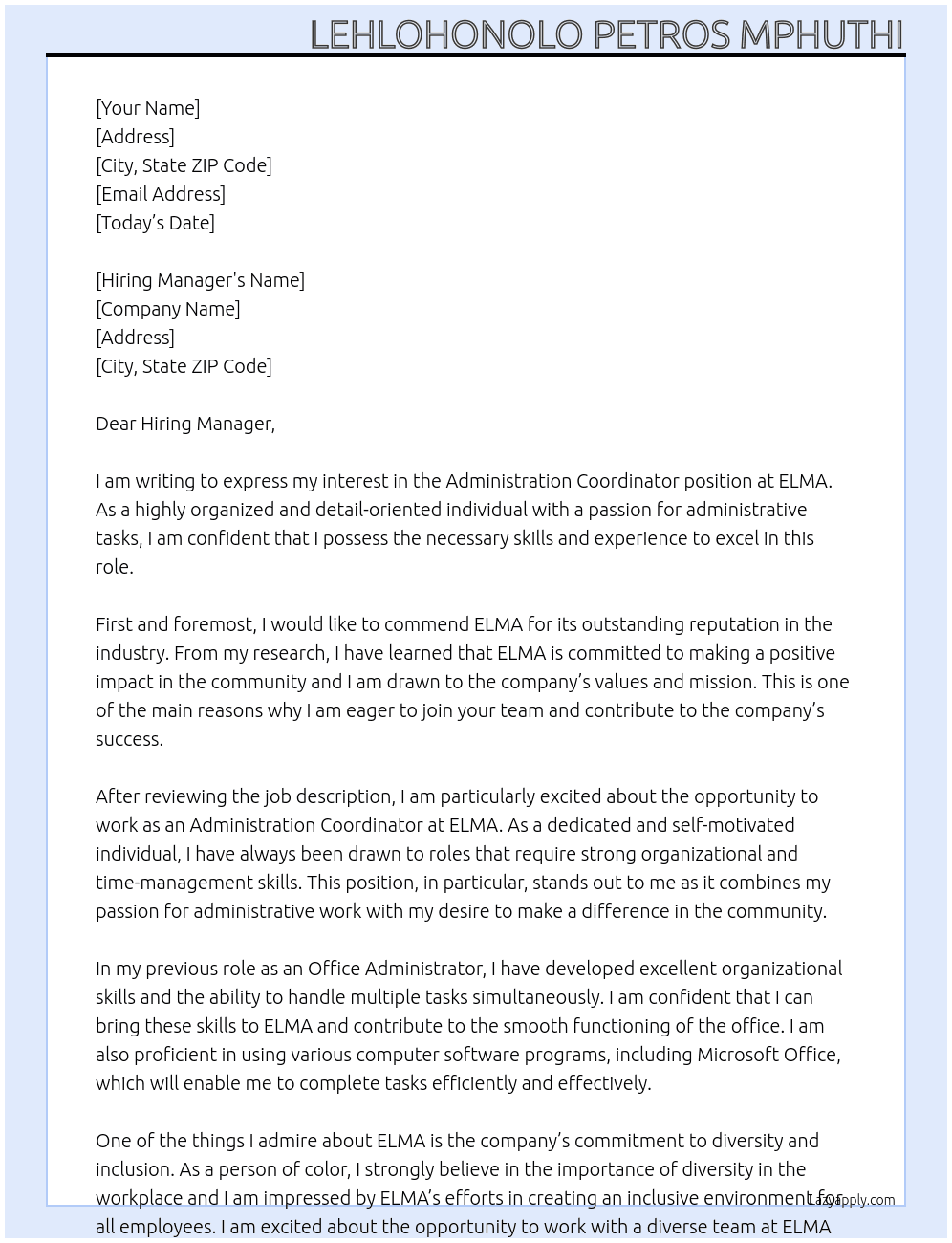 Administration Coordinator  At ELMA Cover Letter