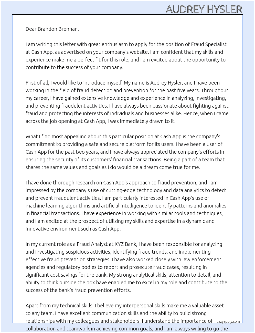 Fraud Specialist At Cash App Cover Letter