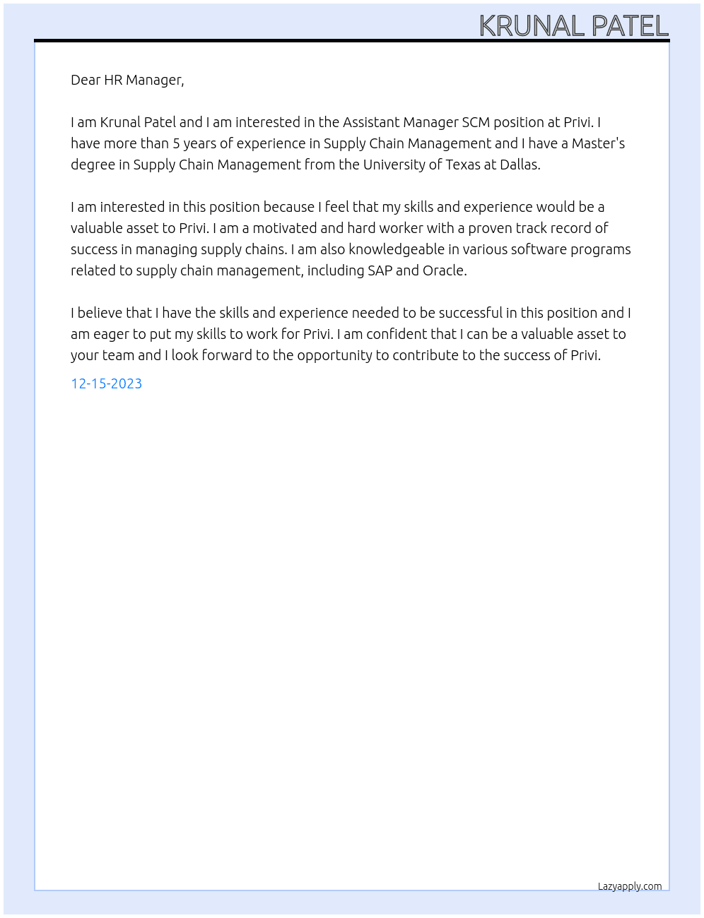 Assistant Manager SCM At Privi Cover Letter