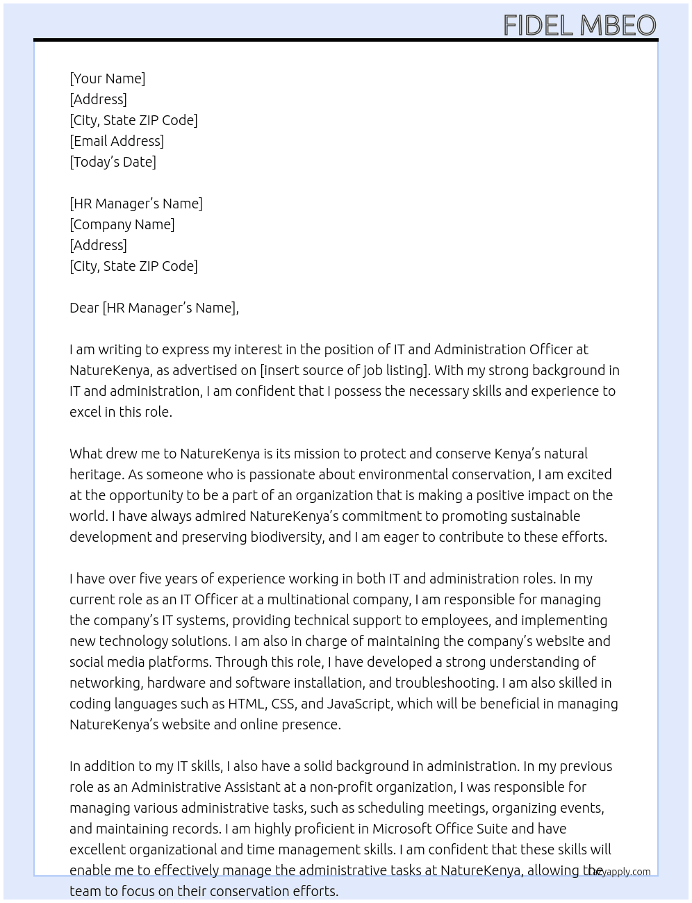 IT and Administration Officer At NatureKenya Cover Letter