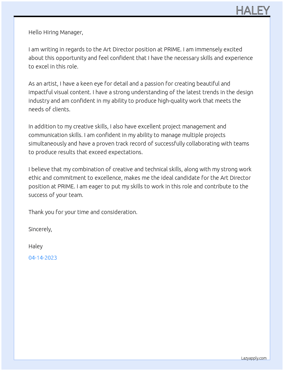 Art Director At PRIME Cover Letter