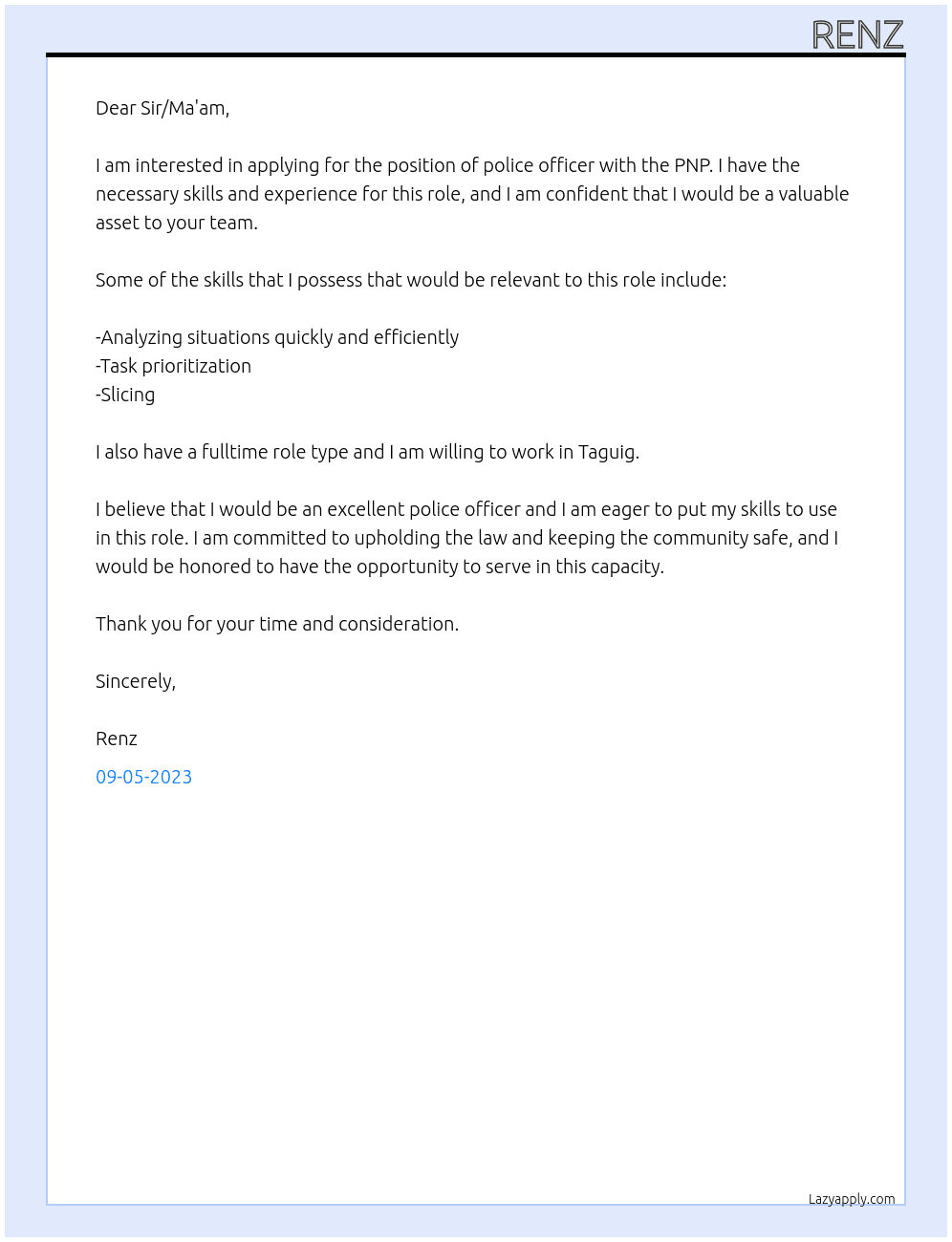 POLICE At PNP Cover Letter