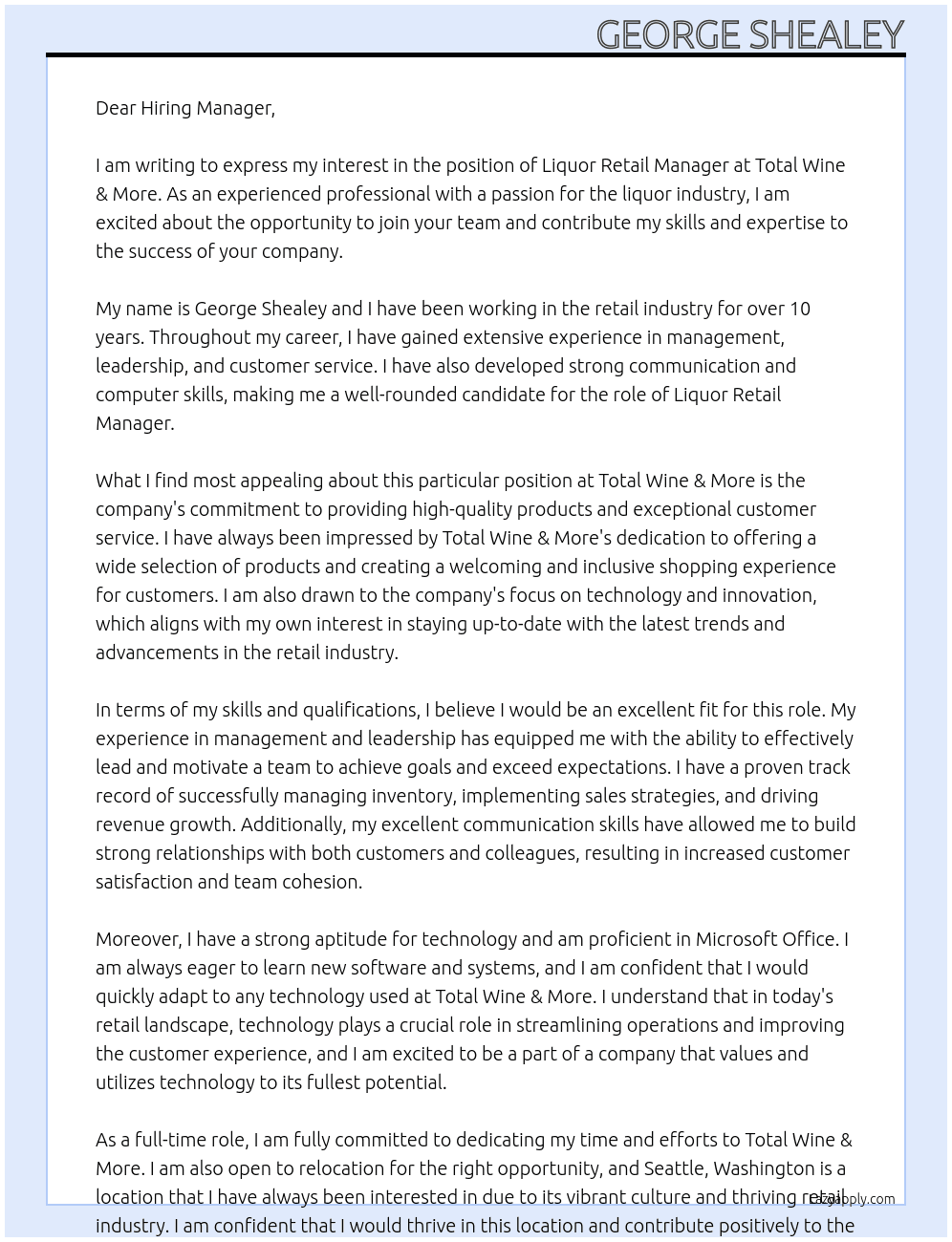 Liqour Retail Manager At Total Wine & More Cover Letter
