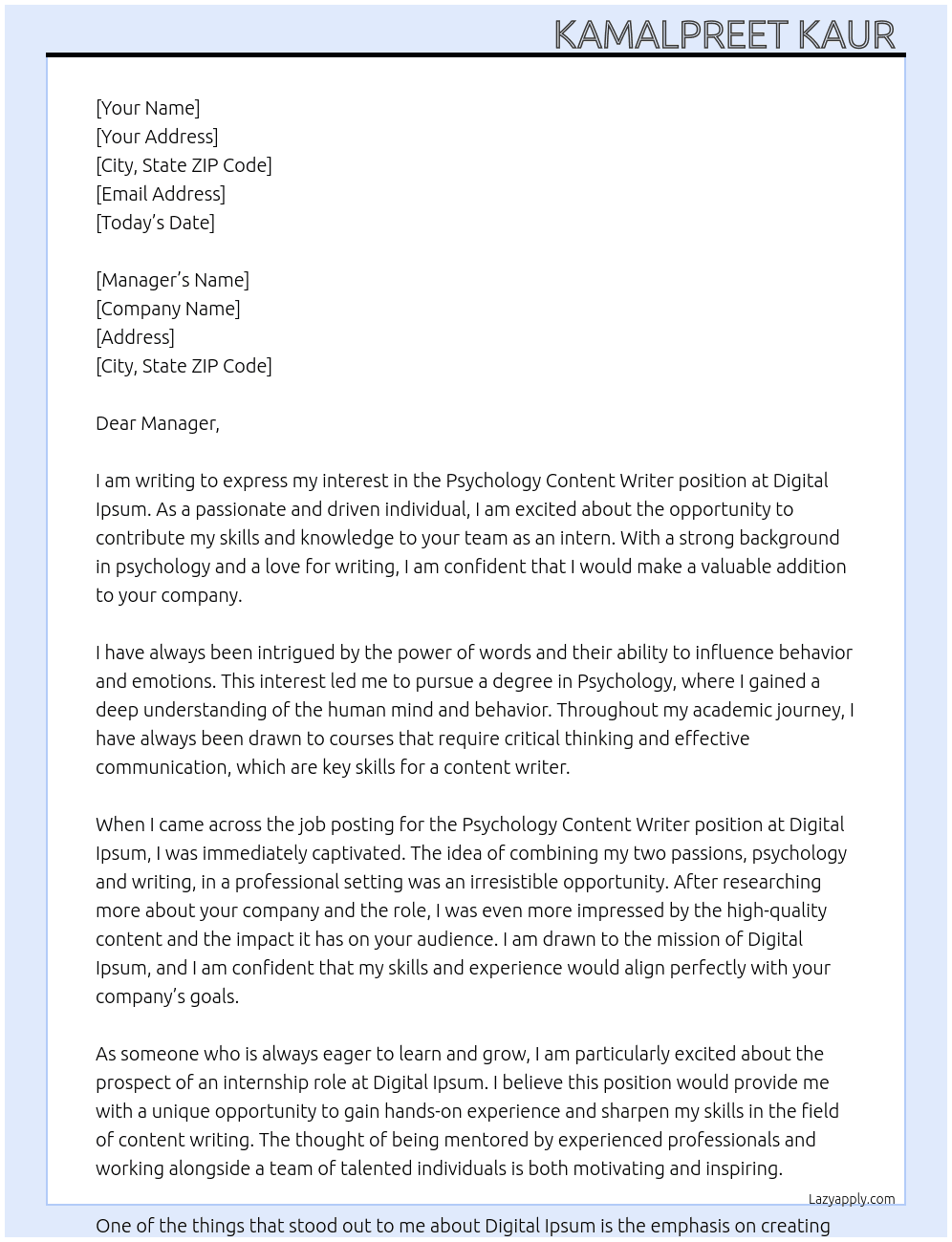 Psychology content writer  At Digital Ipsum  Cover Letter