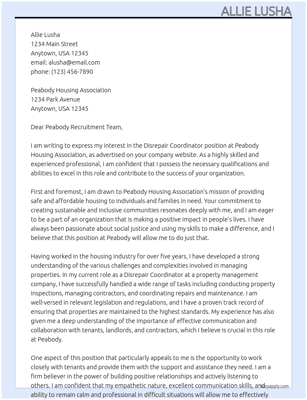 Disrepair Coordinator  At Peabody Housing Association  Cover Letter