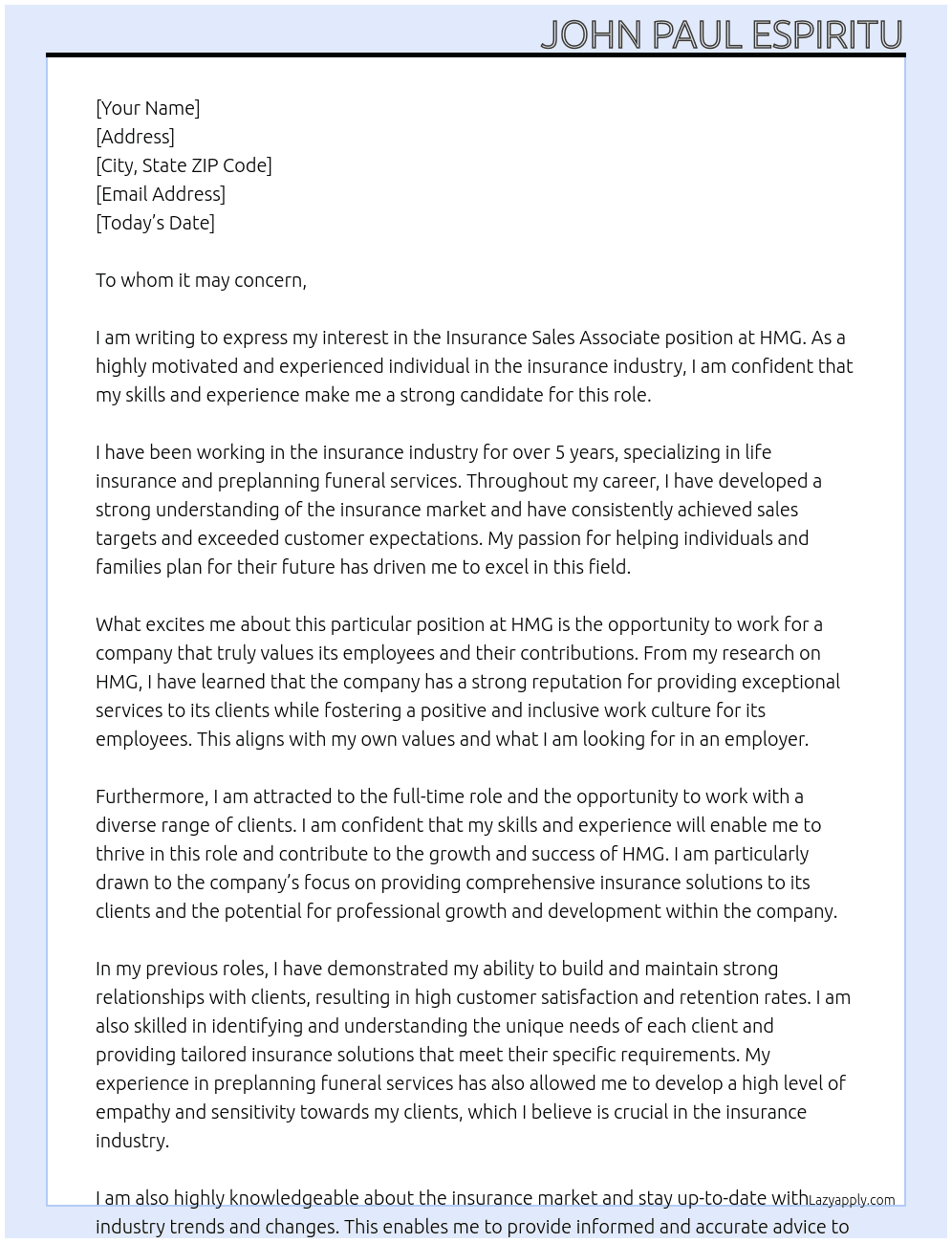 Insurance Sales Associate At HMG Cover Letter