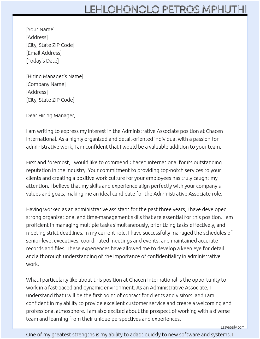 Administrative associate  At Chacen International Cover Letter