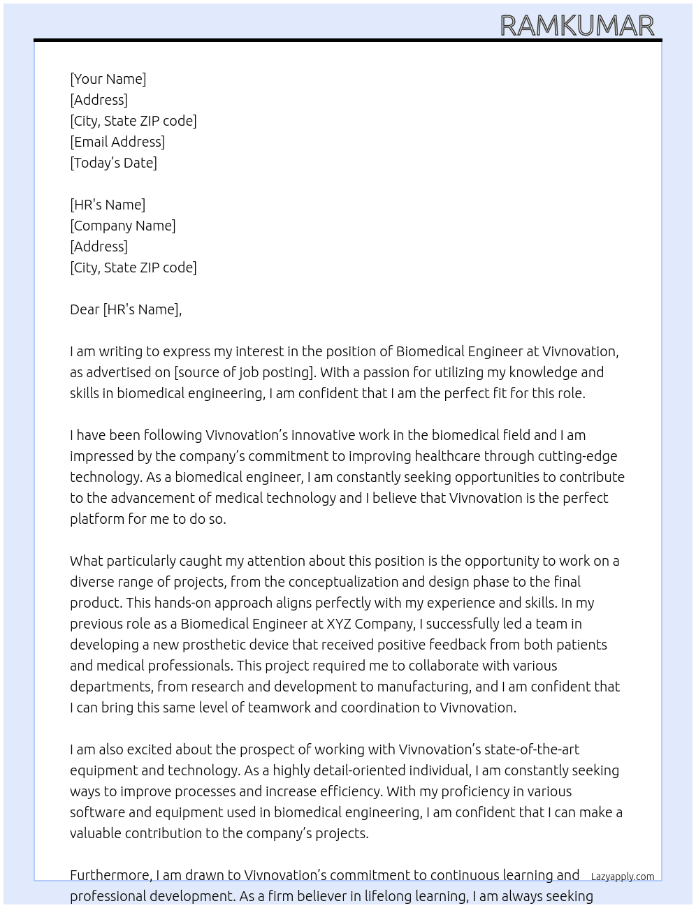 Biomedical engineer  At Vivnovation Cover Letter