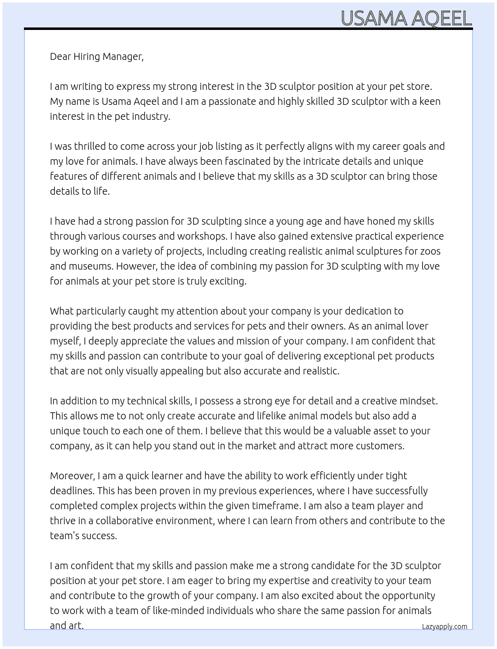 3d sculptor At pet store Cover Letter