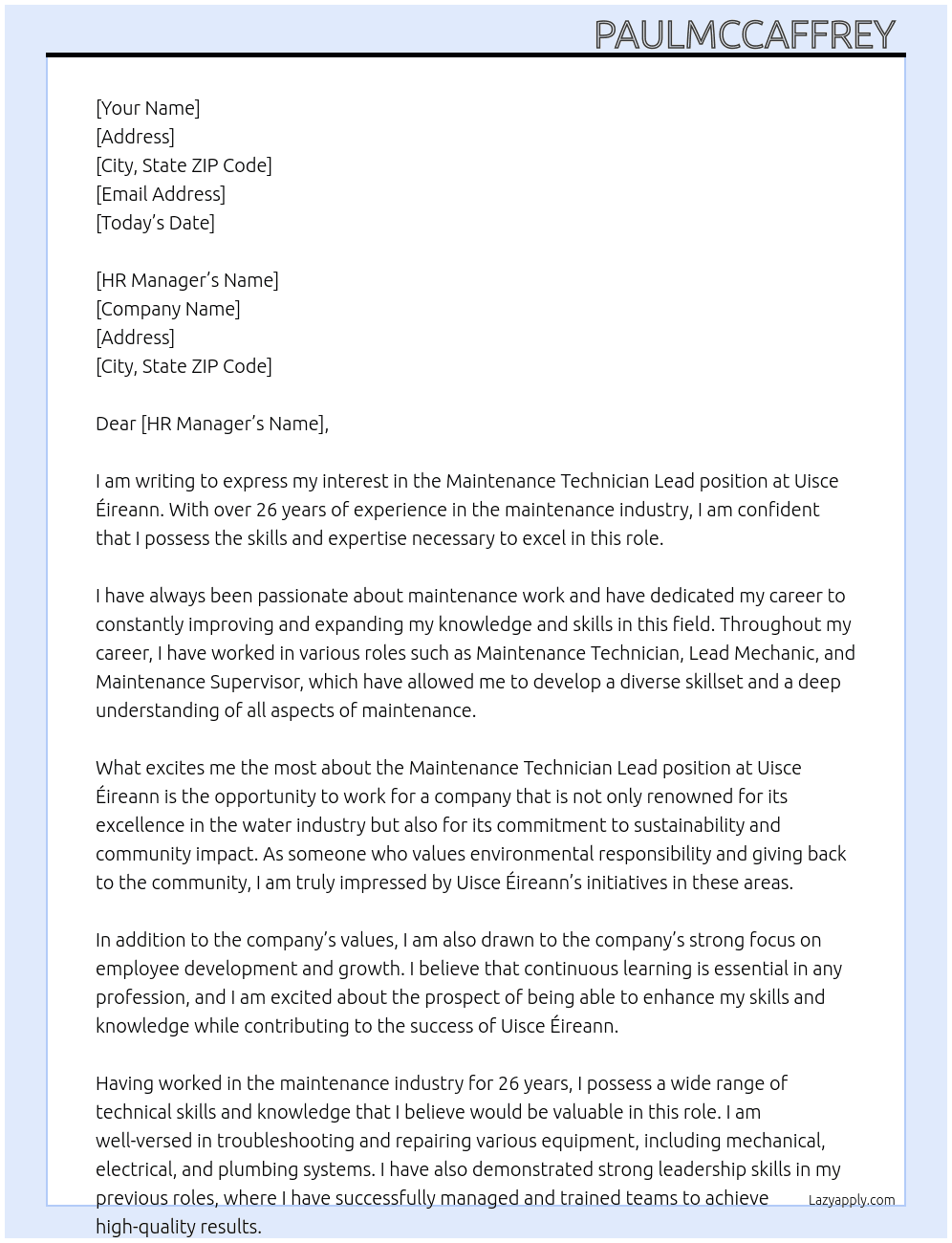 Maintenance Technician lead At Uisce Éireann. Cover Letter