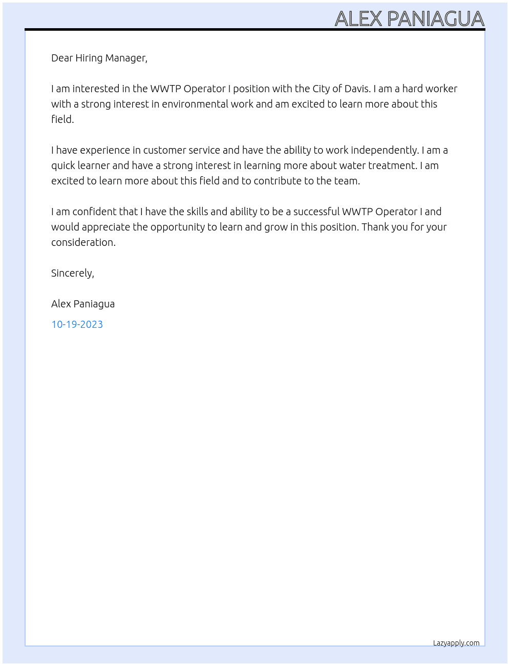 WWTP Operator I At City of Davis Cover Letter