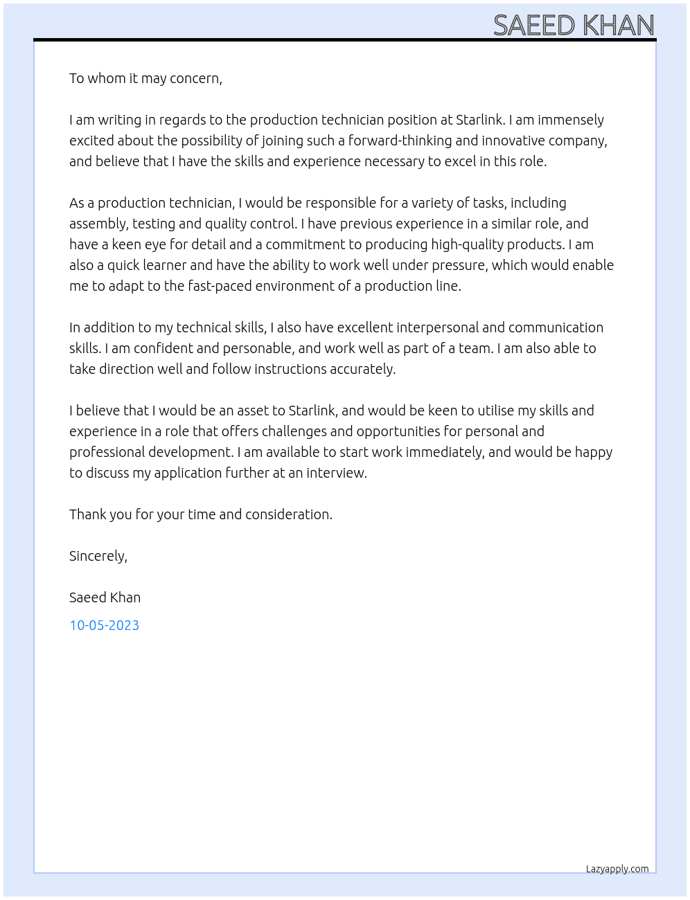 Production technician  At Starlink Cover Letter