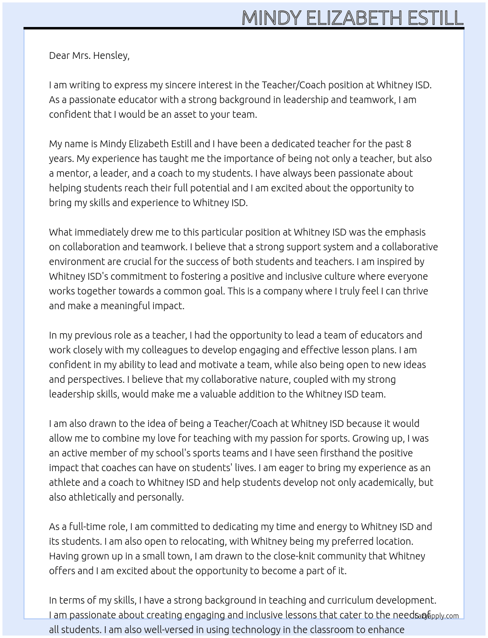 Teacher/Coach At Whitney ISD Cover Letter
