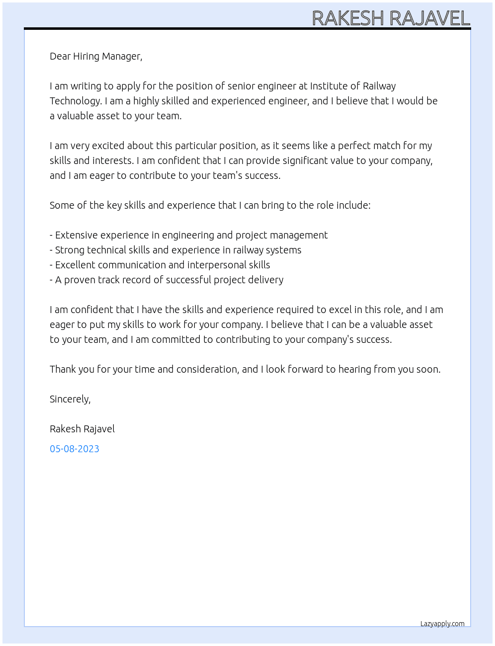senior Engineer At Institute of Railway Technology Cover Letter