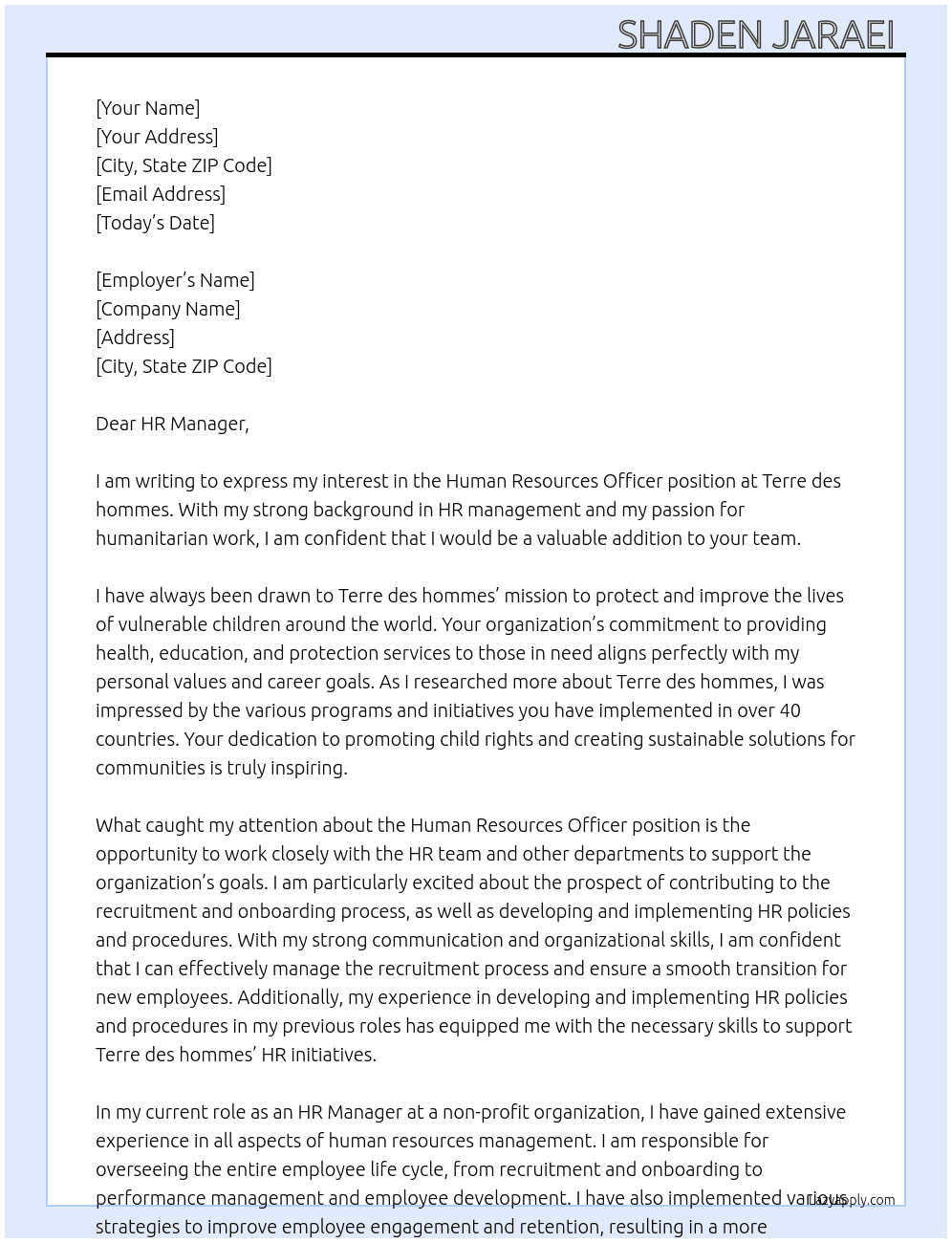 Human Resources Officer  At terre des hommes  Cover Letter