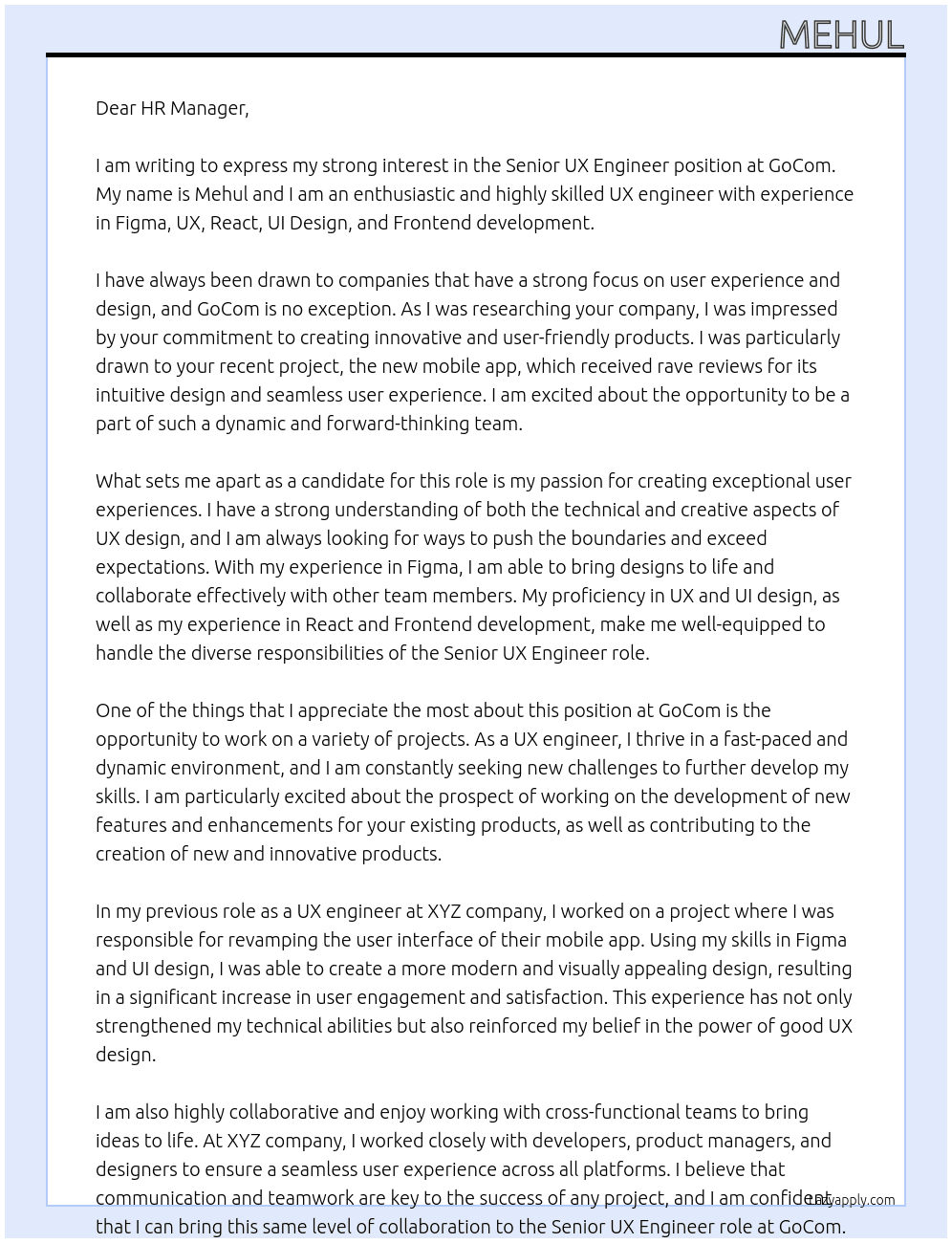 Senior UX engineer At GoCom Cover Letter