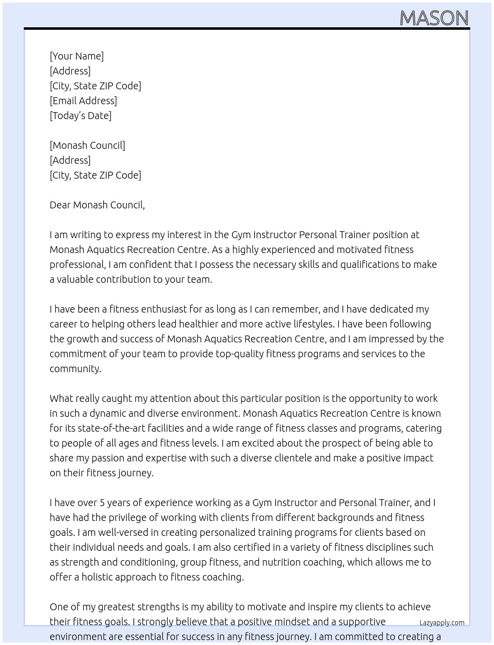 Gym Instructor Personal Trainer At Monash Aquatics Recreation Centre Cover Letter