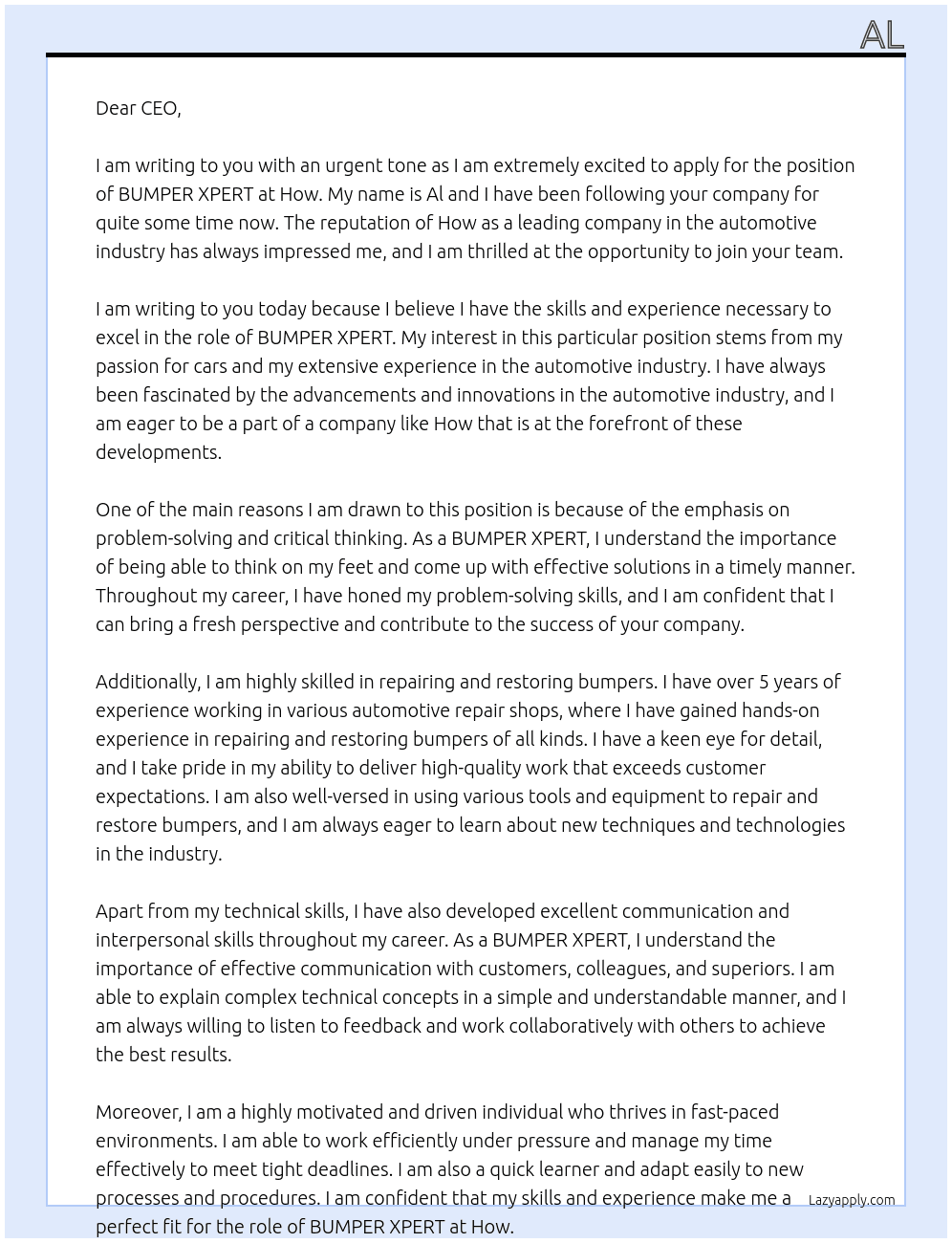 BUMPER XPERT  At How  Cover Letter