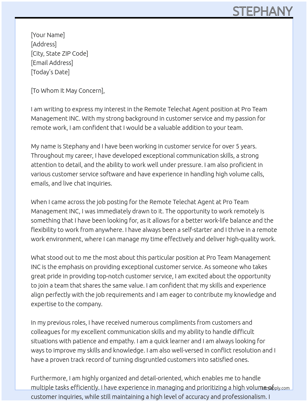 Remote Telechat Afent At Pro Team Management INC Cover Letter