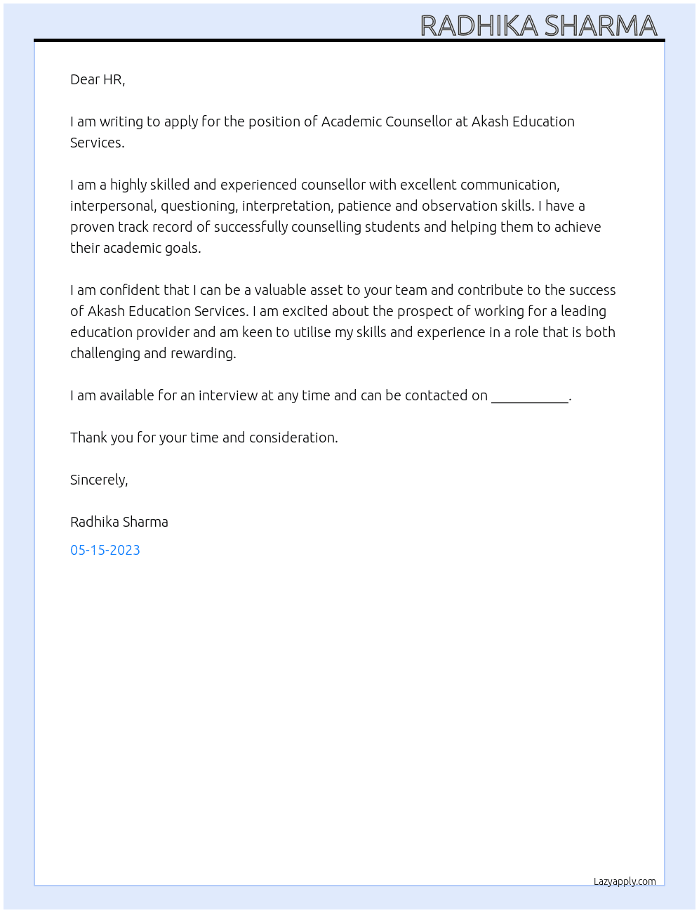 Academic counsellor  At Akash Education services  Cover Letter