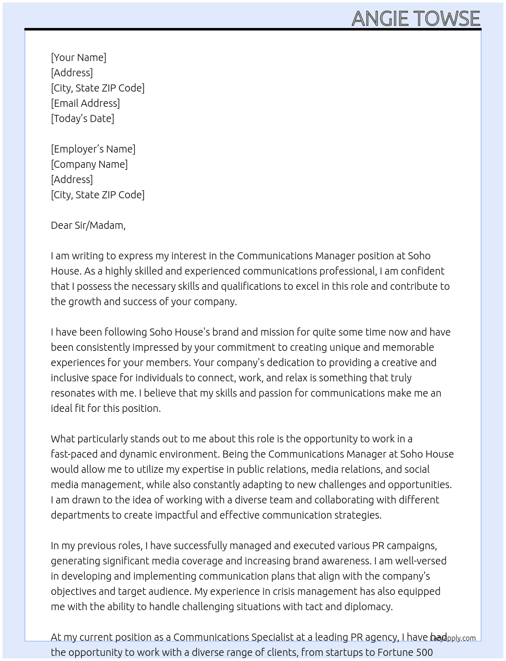 Communications Manager  At Soho House Cover Letter