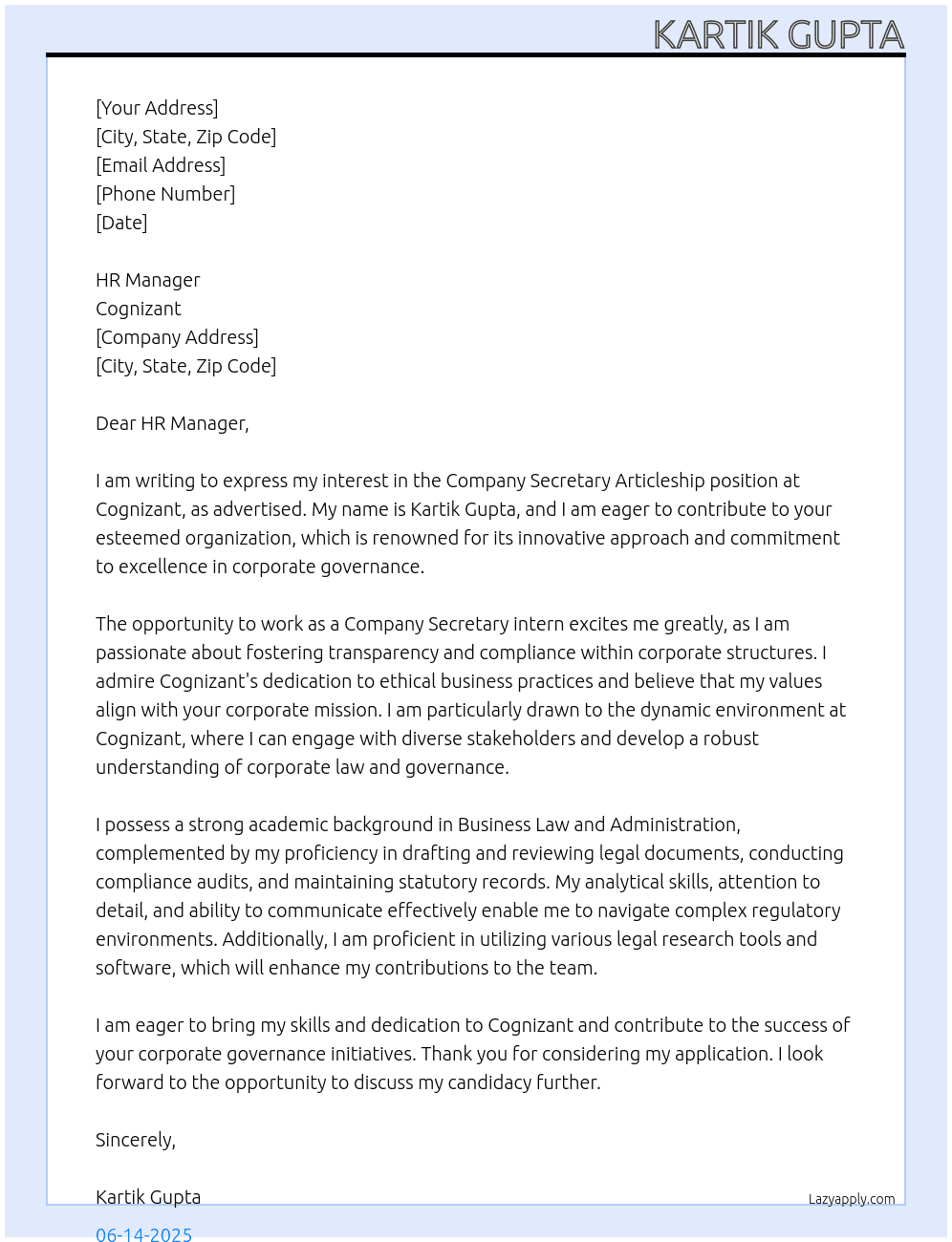 company secretary articleship At Cognizant Cover Letter
