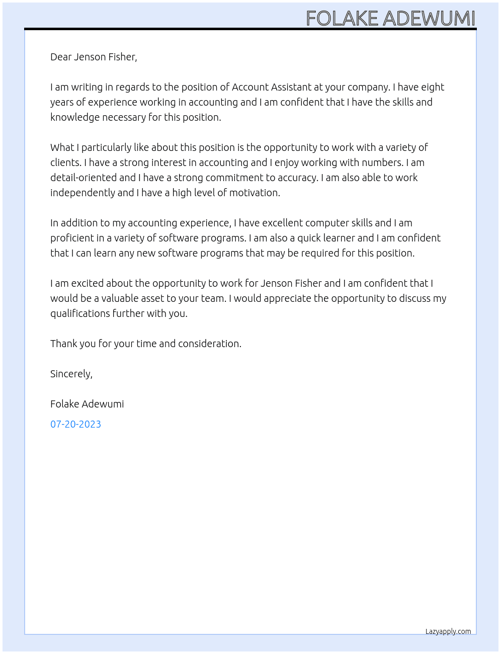 Account Assistance At  Jenson Fisher Cover Letter