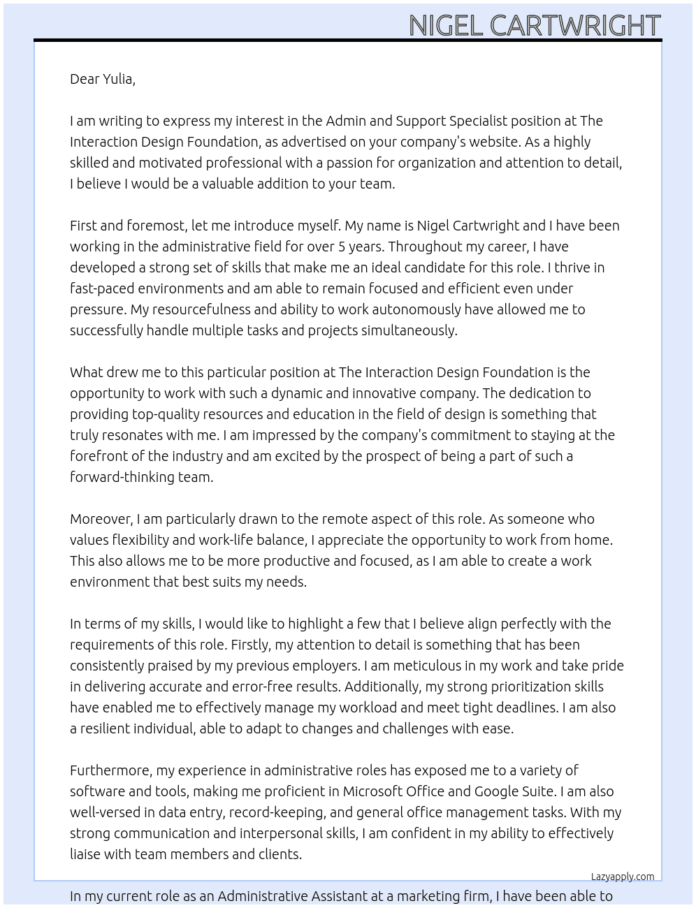 Admin and Support Specialist At The Interaction Design Foundation Cover Letter