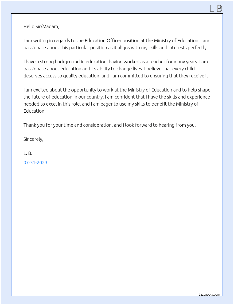 Education Officer At Ministy of Education Cover Letter