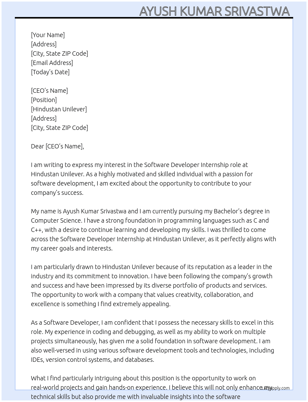 Software Developer  At Hindustan Unilever  Cover Letter