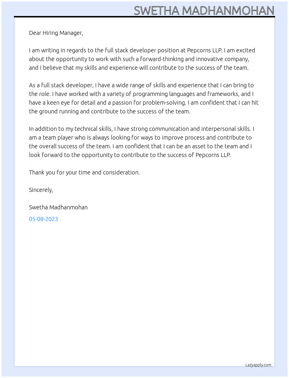 full stack developer  At Pepcorns LLP Cover Letter