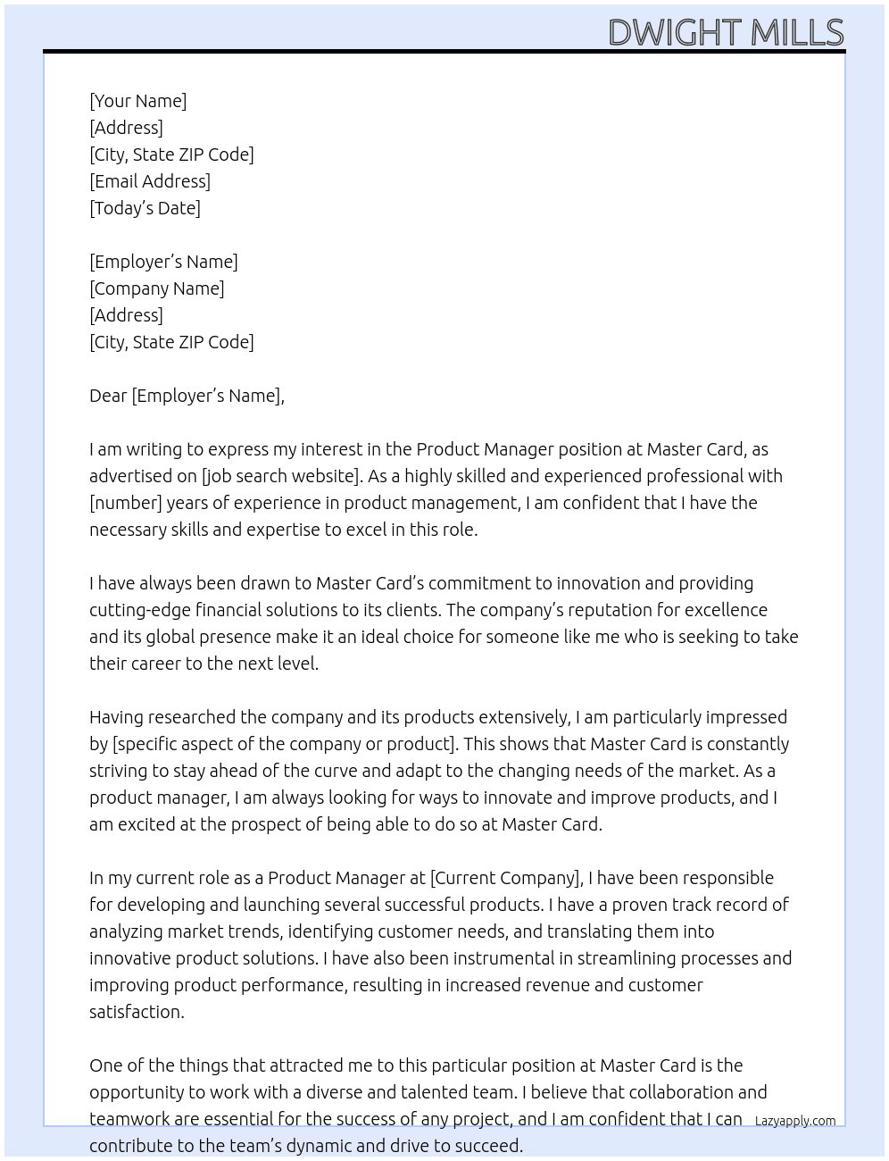Product Manager At Master Card Cover Letter