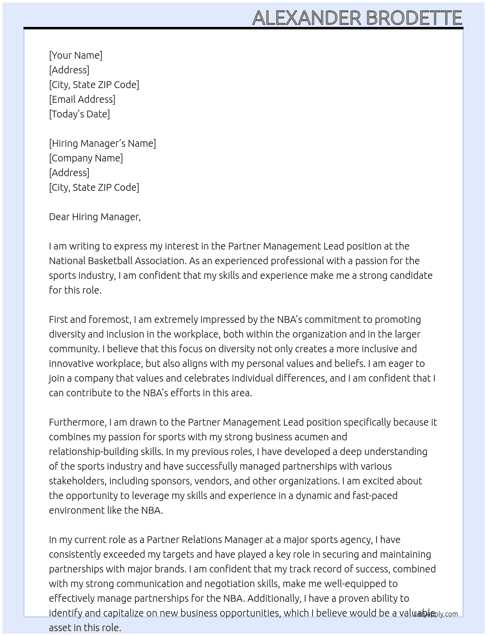 Partner Management Lead At National Basketball Association Cover Letter