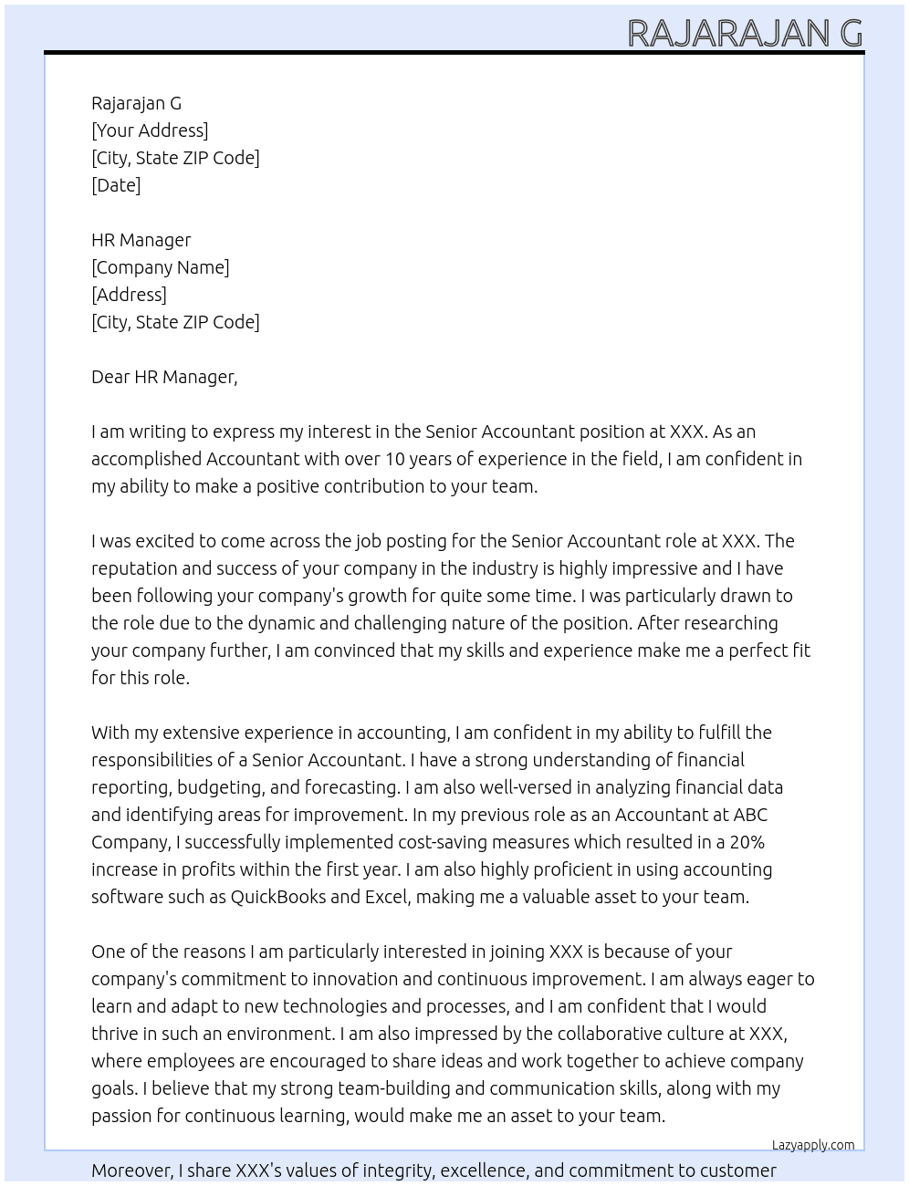 Sr. Accountant At XXX Cover Letter