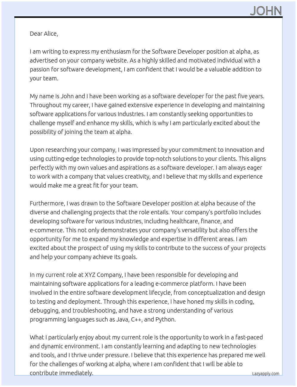 Software developer At alpha Cover Letter